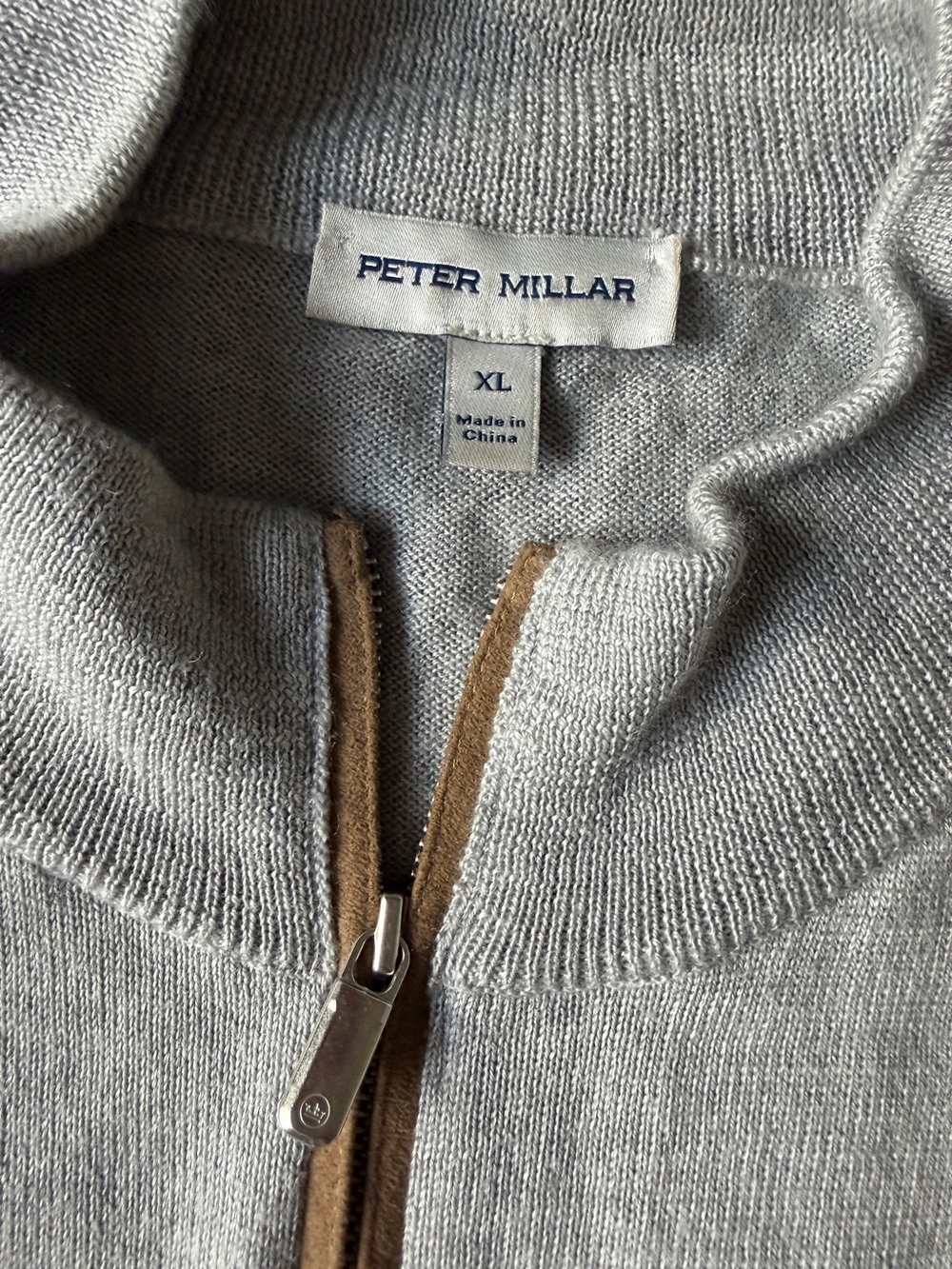 Peter Millar Light Gray Quarter Zip Sweater with Brown Suede Trim